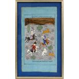 PERSIAN WATERCOLOR ON PAPER, H 11 1/2", W 6 1/4"Depicts three figures riding horsed chasing a