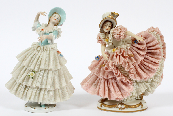 DRESDEN FIGURAL GROUP, TWO WOMEN WITH BONNETS, H 7"Dresden figural group depicting two women wearing