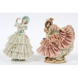 DRESDEN FIGURAL GROUP, TWO WOMEN WITH BONNETS, H 7"Dresden figural group depicting two women wearing