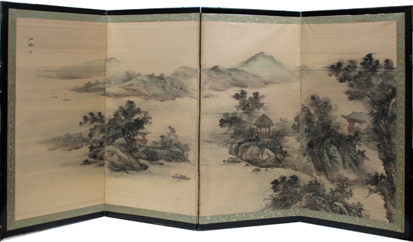 CHINESE HAND PAINTED ON SILK FOUR PANEL SCREEN, H 18", W 36"Pagoda and landscape scene on each