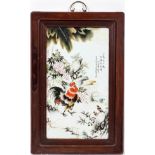 CHINESE PORCELAIN PLAQUE, H 22", W 12", ROOSTER IN LANDSCAPE3" wide border of frame.some wear to