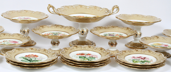 ENGLISH HAND-PAINTED PORCELAIN BOTANICAL DESSERT SET, C. 1830, 27 PIECESincludes 18 plates, 9" - Image 4 of 5