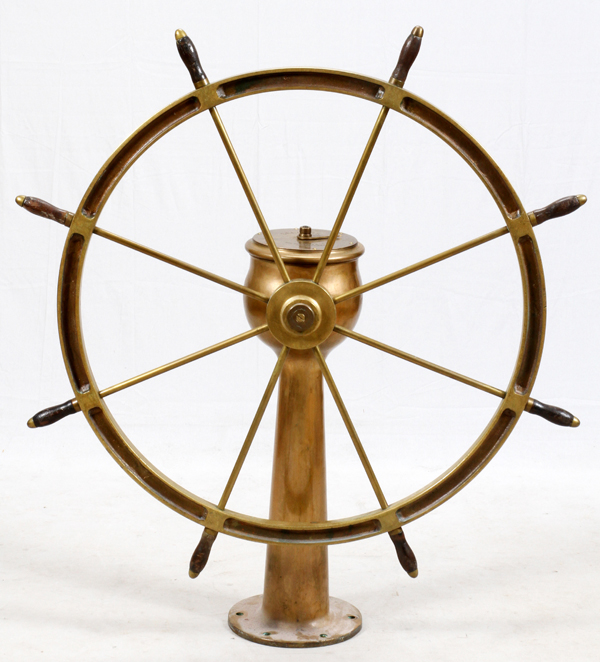 BRASS SHIP WHEEL, H 55", DIA 50"Having eight brass spokes and wheel. Marked Wm. Sellers & Co.,