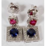14KT GOLD, SAPPHIRE, RUBY, AND DIAMOND DANGLE EARRINGS, PAIR, H 5/8"A pair of 14kt white gold square