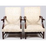 ENGLISH CHIPPENDALE STYLE MAHOGANY ARMCHAIRS, PAIREach has an upholstered back and seat flanked by