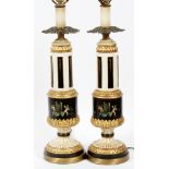 ITALIAN DECORATED TABLE LAMPS, PAIR H 34"Composition bases. Black and ivory details.Good used