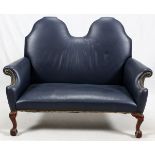 BLUE LEATHER & CARVED SETTEE, H 42", W 56, D 28"A blue leather upholstered settee, with carved