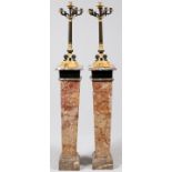 FRENCH STYLE PATINATED BRONZE SIX-LIGHT CANDELABRA, PAIR, H 27", WITH MARBLE-CLAD PEDESTALS (2), H