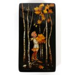 RUSSIAN LACQUER BOX L 4"Hinged cover. Length 4 1/4" x 2 1/4". Unusual scene of child catching