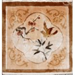 CHINESE HAND-WOVEN SILK RUG, 18" X 18"Hand woven, pure silk. Motif of birds and bamboo. From a