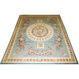 AUBUSSON STYLE WOOL AREA RUG. 9' 10" X 8' 0"Needlework carpet. Circular center motif. Beige