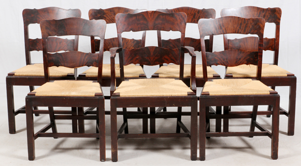 VINTAGE RUSH SEAT DINING CHAIRS, SEVEN, H 34"Featuring wood frames and backs with rush seats.