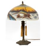 AMERICAN REVERSE-PAINTED GLASS TABLE LAMP, EARLY 20TH C., H 23", DIA 16 3/4"A glass shade painted