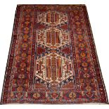 TURKISH WOOL RUG, SEMI-ANTIQUE, W 4' 3", L 5' 11"Hand woven. Centered by three ivory colored