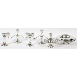 AMERICAN STERLING WEIGHTED CANDELABRA, CANDLESTICKS & BOWLS, MID 20TH C., SIX PIECESIncluding a pair