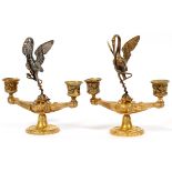 FRENCH GILT BRONZE FIGURAL TWO-LIGHT CANDELABRA, PAIR, H 8 1/2", W 7 3/4"Each two-light