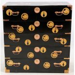 JAPANESE BLACK LACQUER 5 DRAWER CHEST WITH BRASS MOUNTS, 20TH C., H 39'', W 37'', D 17"