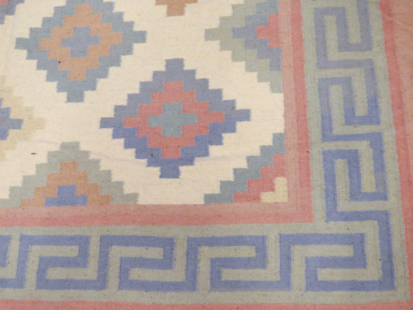 INDIAN DHURRIE, HAND WOVEN WOOL RUG, W 9' 2", L 12'Having a flat weave, with a cream ground, gray - Image 2 of 2