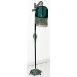 GREEN PATINATED METAL FLOOR LAMP, H 59", L 16"Having an octagonal and sculpted fabric shade in the