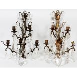 FIVE-LIGHT BRASS SCONCES, PAIR H 18", L 15" Each enhanced with crystal prisms.Condition good.