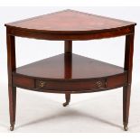 MAHOGANY CORNER TABLE, H 29", D 23.5"Having a tooled leather top, single drawer and brass casters.