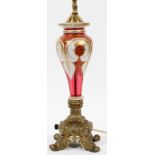 BOHEMIAN ENAMELED GLASS TABLE LAMP, LATE 19TH C., H 15" (BASE), 29" OVERALLCranberry glass lamp with