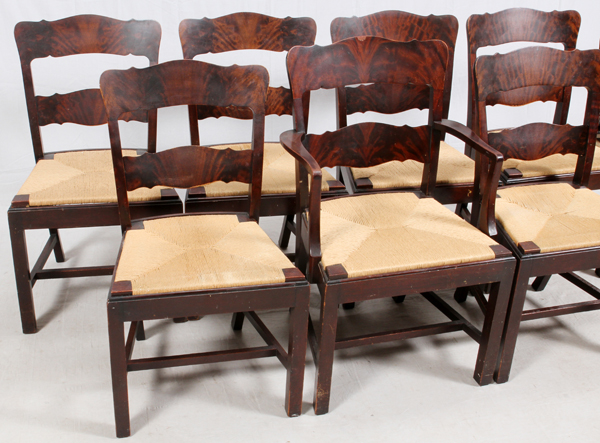 VINTAGE RUSH SEAT DINING CHAIRS, SEVEN, H 34"Featuring wood frames and backs with rush seats. - Image 2 of 2