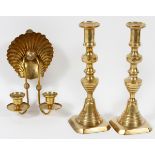 BRASS TWO-LIGHT CANDLE SCONCE & PAIR OF CANDLESTICKS, H 8" & 10"Including 1 candle sconce with a