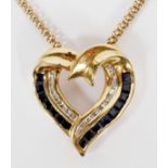 NATURAL SAPPHIRE AND DIAMOND HEART NECKLACE, L 18"A 14kt yellow gold chain and heart form pendant