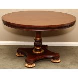 COUNCILL CRAFTSMEN MAHOGANY ROUND PEDESTAL TABLE, H 29", DIA 48"Gilt gadrooned feet. From the estate