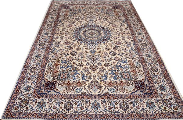 IRANIAN NAIN ORIENTAL RUG W 6' 8" L 10'beige field, all wool, hand woven.- For High Resolution