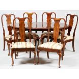 QUEEN ANNE STYLE WALNUT DINING TABLE AND CHAIRS, 7 PCS.Dining table with two leaves having