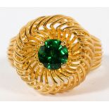 18KT GOLD AND GREEN GARNET RING, SIZE 7An 18kt gold filigree vintage style ring centered with a 0.