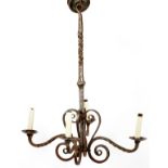 ARTS & CRAFTS WROUGHT IRON CHANDELIER, H 36", DIA 27"With four arms. From a circa 1920 Lakeshore