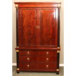 BAKER MAHOGANY LINEN PRESS, H 79 1/2", L 50", D 20"Ebonized and gilt columns flanking two upper