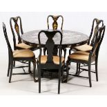 CHINOISERIE STYLE BLACK LACQUERED TABLE AND CHAIRSTable - H 28 1/2'', W 45''. Chairs - H 38 1/2'', W