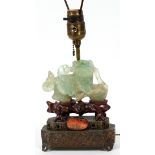 CHINESE GREEN QUARTZ FOO DOG, MOUNTED AS A TABLE LAMP, H 19"A quartz foo lion converted to a table