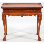 CHIPPENDALE STYLE, MAHOGANY TEA TABLE, H 31", W 35", D 18"Having one center drawer with brass pulls.