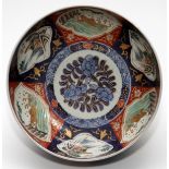 JAPANESE IMARI PORCELAIN BOWL, 19TH C., DIA 8 1/2"Marking on underside. Individual scenes on