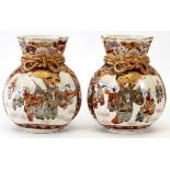 JAPANESE SATSUMA EARTHENWARE POTTERY VASES, MEIJI PERIOD, PAIR, H 8", L 6"Each is shaped as pouch