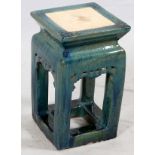 CHINESE GLAZED POTTERY STAND, H 20", W 11 1/2". D 11 1/2"Of square form, glazed in blues and