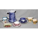 PORCELAIN PITCHER, CREAMER SUGAR CUPS AND SAUCERSStaffordshire pitcher 7", two cups and saucers,