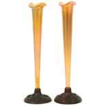 QUEZAL IRIDESCENT GLASS & BRONZE BUD VASES, PAIR, H 6 1/2"Each gold iridescent glass vase is of