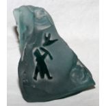 CARVED GLASS OF AN ESKIMO HUNTING A BIRD, H 6"frosted green glass with figure of Eskimo with bow and
