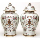 SAMSON FRENCH ARMORIAL PORCELAIN COVERED URNS, C. 1870, PAIR, H 17 3/4", DIA 10"Marked in red