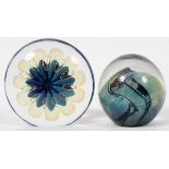 ECKHART BLOWN GLASS PAPER WEIGHTS TWO H 4.5", 3.5"Signed. 4 1/2" 1996 disc form. 3 1/2" sphere in