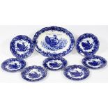 WEDGWOOD & CO. 'CLYTIE' FLOW BLUE TRANSFER TURKEY PLATTER & PLATES, C. 1910, SET OF EIGHT PIECESDemi