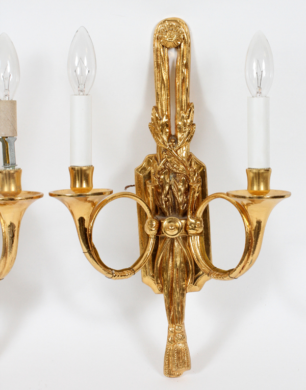 TWO-LIGHT HUNTER HORN FORM GILT METAL SCONCES, PAIR, H 14.5"Faux candle design, accented with tassel - Image 2 of 2