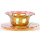 KEW BLAS GOLD IRIDESCENT GLASS FINGER BOWL & STAND, C. 1920Iridescent with magenta highlights.Good