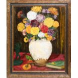 OSCAR KLAUGOER, OIL ON MASONITE, H 20", W 16"Floral still life, framed.In good condition. Ad- For